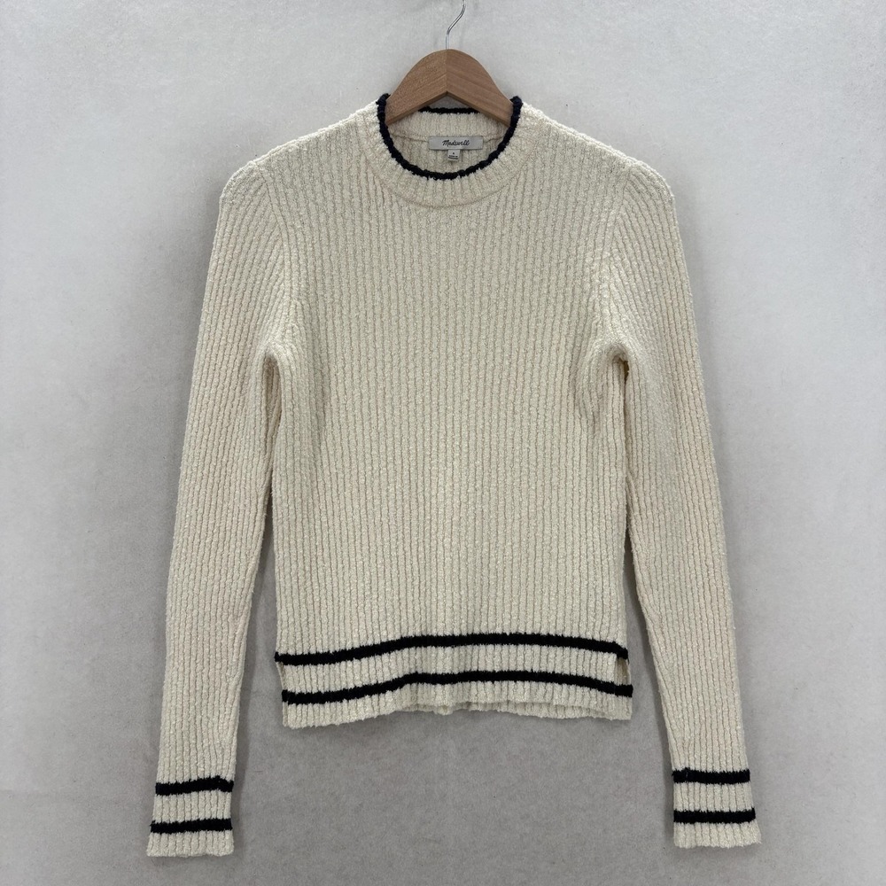 Madewell Boucle Knit Crewneck Sweater Womens Small White Stripe Chunky Pullover